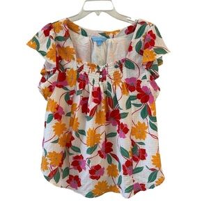Draper James Floral Ruffle Flutter Short Sleeve Blouse - Red, Yellow, Green